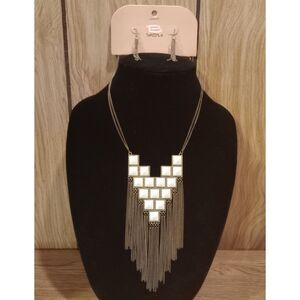 NWT Vtg. Bijoux Terner White Sq. Stud Chain Dangle Pendant Necklace & Earrings